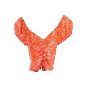 Senna Sky Coral Sheer Floral Ruched Milkmaid Puffy Sleeve Crop Top Size Small